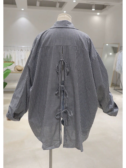 Back hollow bow tie design 2024 summer loose medium and long fine plaid thin long-sleeved shirt for women