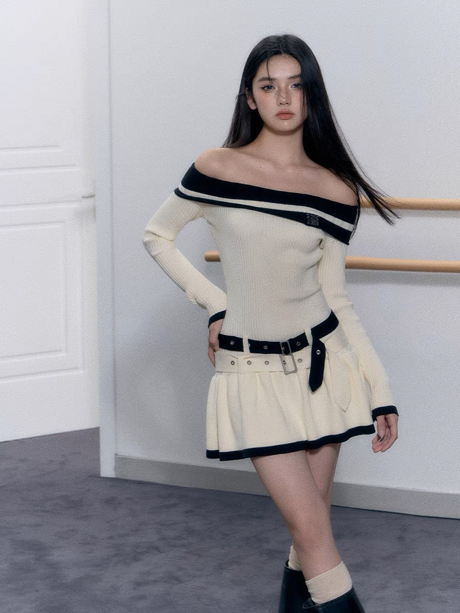 AGAM original design sweet and pure style high-end color matching one-shoulder double-belt dress 2023 early autumn new style