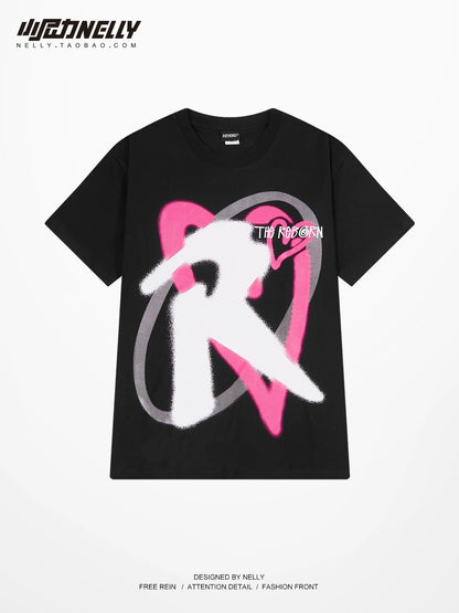 ins trendy brand design love letters printed heavyweight pure cotton short-sleeved t-shirts for men and women street style couple tops