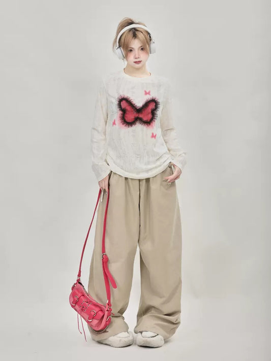 Wasteland style butterfly white long-sleeved top for women 2023 new spring and autumn style slim bottoming shirt T-shirt drawstring top