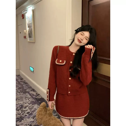 Fashionable little fragrance style Christmas red long-sleeved sweater jacket for women in autumn and winter high-waisted slimming temperament hip-hugging short skirt two-piece set T9495