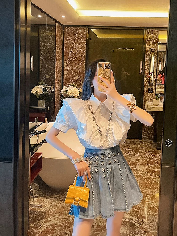 BETTER LS summer new style small Chanel style suit skirt women's ruffled shirt + denim skirt Western style two-piece suit