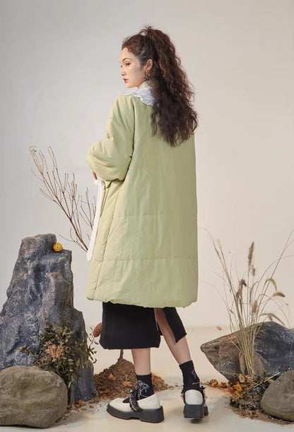 RUKIA/Green Winter Cotton Clothes Women's Design Niche Mid-Length Loose Korean Style Gentle Wear Trendy Winter Clothes V1156
