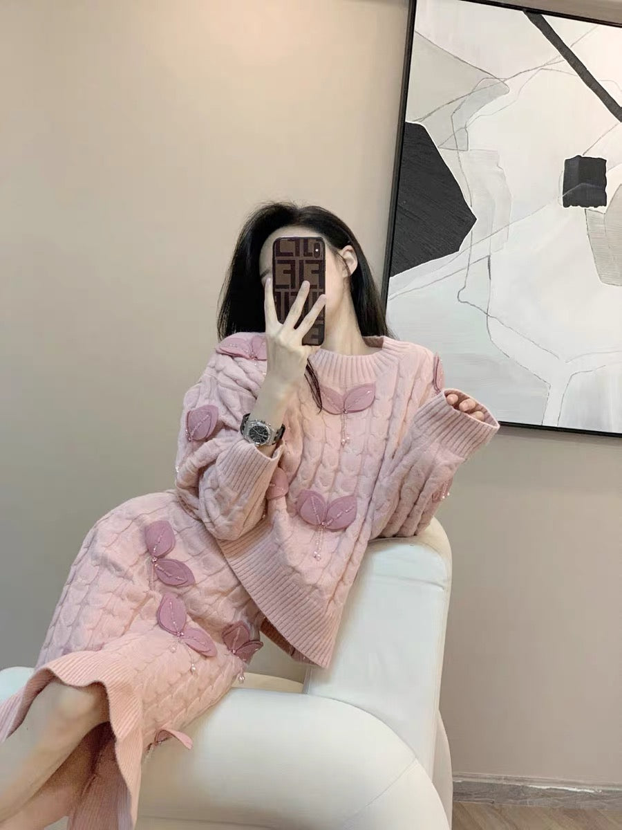 Autumn and winter fashionable little Hong Kong style retro chic fashion casual lazy knitted fishtail skirt two-piece suit for women (B5915)