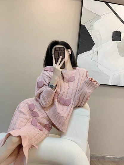 Autumn and winter fashionable little Hong Kong style retro chic fashion casual lazy knitted fishtail skirt two-piece suit for women (B5915)