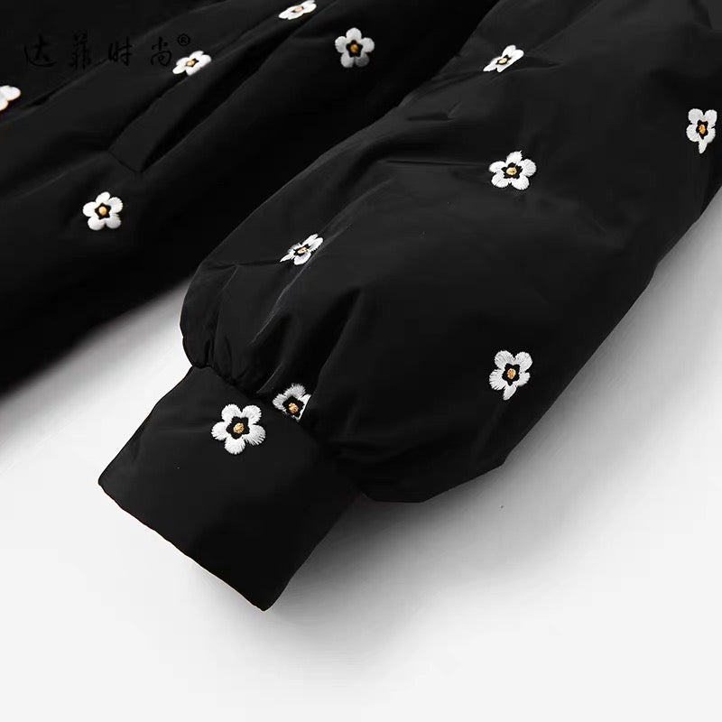 2023 new winter style fashionable double-sided woolen stitching mid-length black embroidered direct-fill down jacket