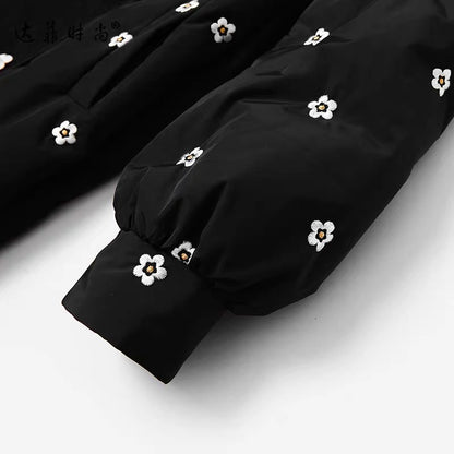 2023 new winter style fashionable double-sided woolen stitching mid-length black embroidered direct-fill down jacket