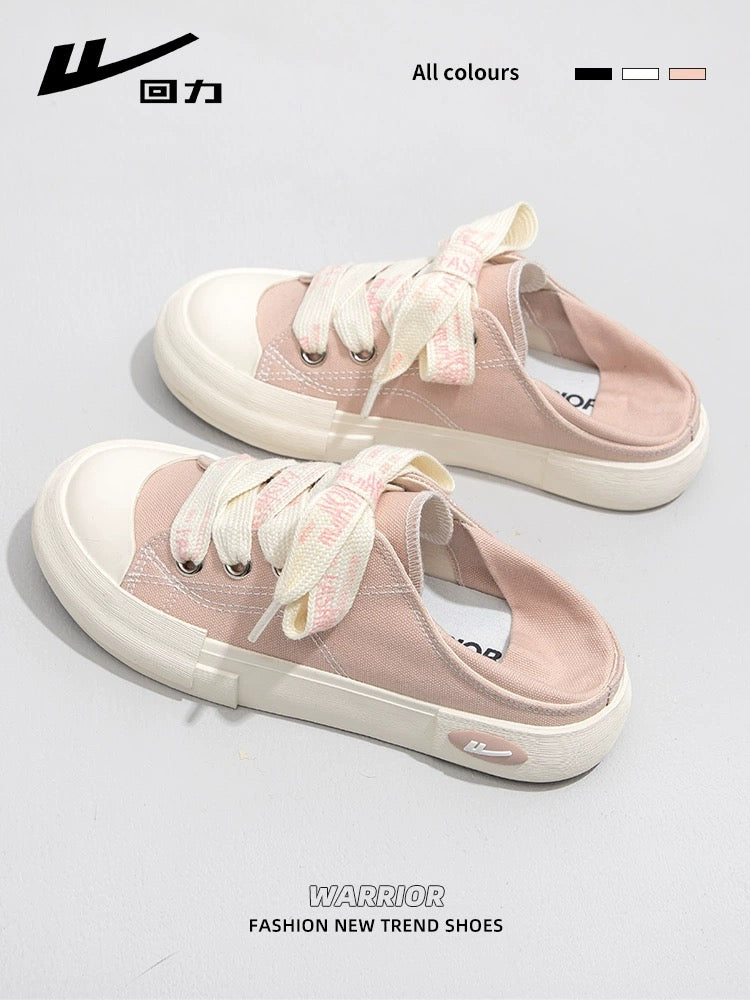 Pull back women's shoes canvas shoes women's 2024 spring new sneakers and half slippers one-legged lazy white shoes
