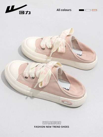 Pull back women's shoes canvas shoes women's 2024 spring new sneakers and half slippers one-legged lazy white shoes
