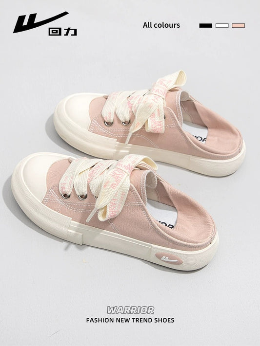 Pull back women's shoes canvas shoes women's 2024 spring new sneakers and half slippers one-legged lazy white shoes