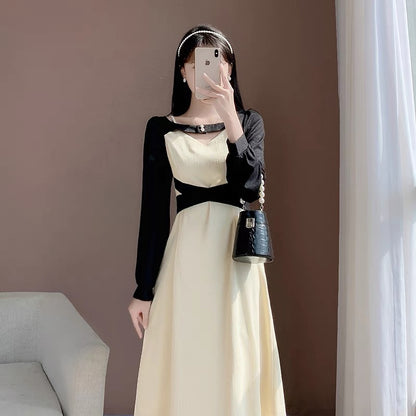 2023 new autumn French retro temperament girl niche slim design stitching long skirt chic dress