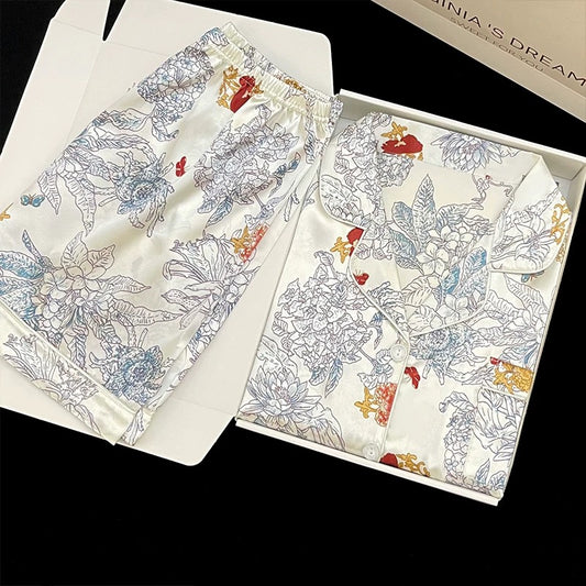 2024 new ice silk pajamas women's short-sleeved summer thin silk can be worn outside home clothes suit spring and summer