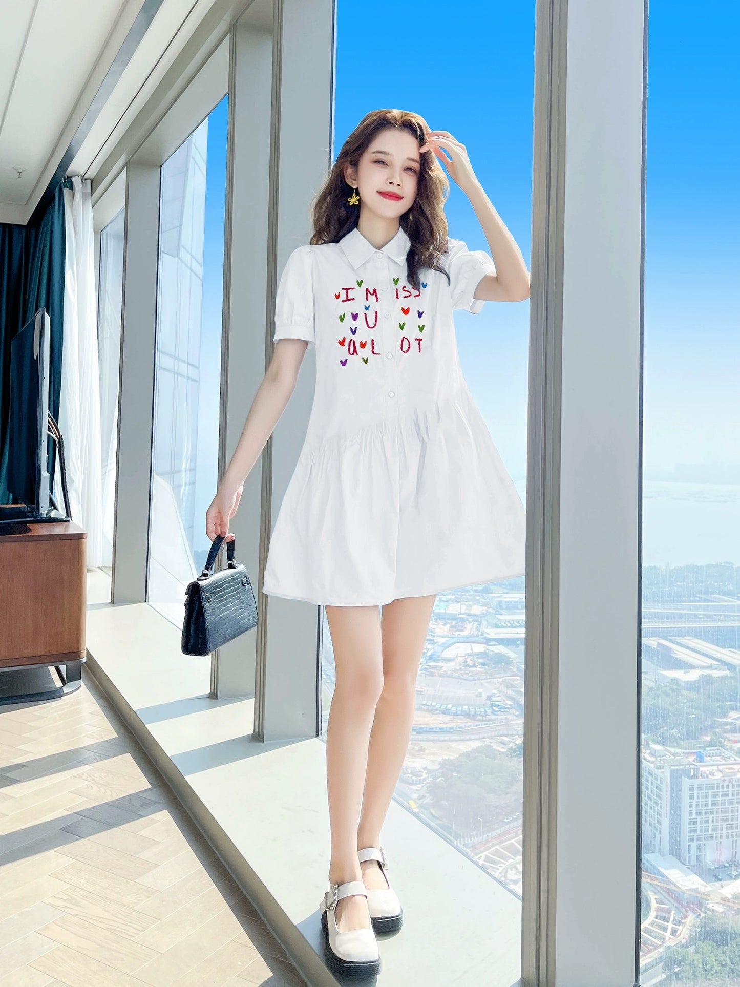 New summer 2024 white shirt dress French style small size early summer popular beautiful temperament skirt female summer