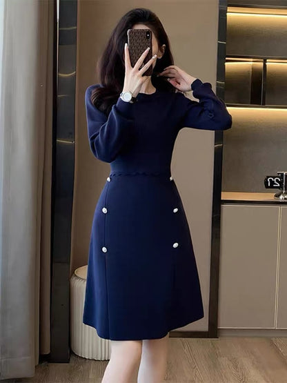 Autumn new light luxury retro temperament dress women's royal blue elegant and dignified waist knitted A-line skirt D7799