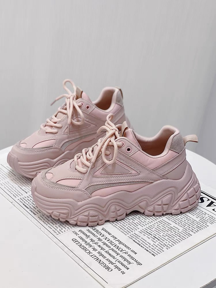 Hong Kong style thick-soled dad shoes for women 2023 spring new breathable height-increasing single shoes pink soft-soled casual versatile sports shoes