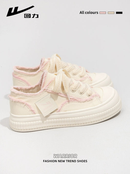 Pull back fairy pink canvas shoes for women 2024 spring new versatile white sneakers thick-soled sports and leisure shoes