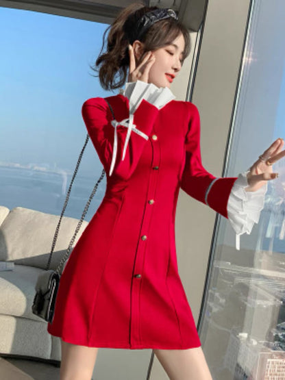 Red Dress 2023 Autumn New Women's French Slim Fit Little Hepburn Temperament Long Sleeve Skirt