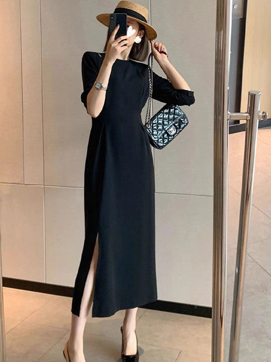 High-end, light and mature style black dress for women, summer style, slim fit, slit long skirt, European style T-shirt skirt