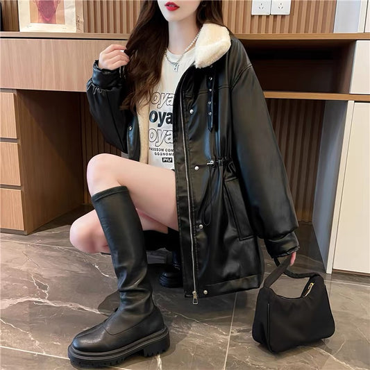 Designed lining plush thickened jacket for women 2023 new autumn and winter fashionable foreign style loose Korean style top (S0514)