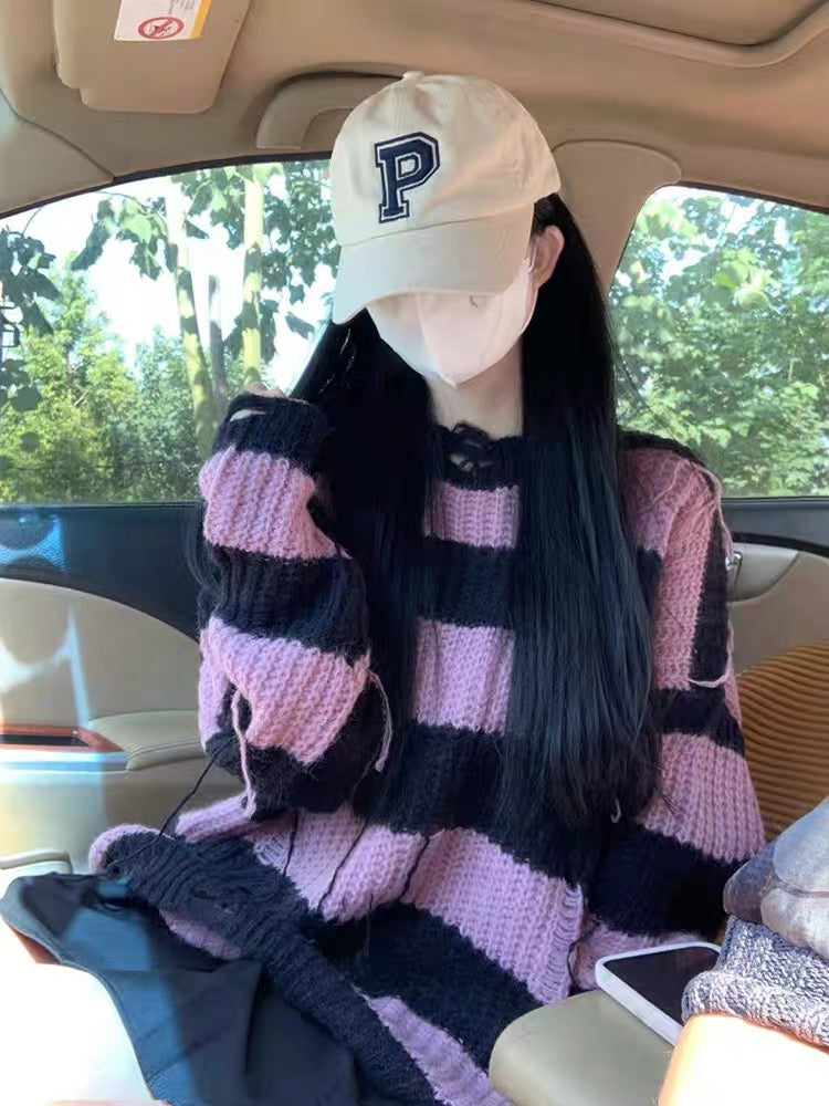Striped tassel ripped sweater for women in autumn and winter, small design, niche Korean style, gentle and lazy style knitted top