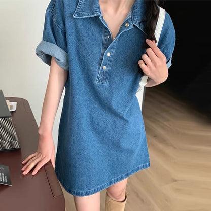 Korean chic summer retro temperament polo collar design sense niche loose curling short-sleeved denim dress female