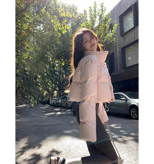 Milkfufu~Pink stand collar short down jacket for women 2023 winter new Korean version 90 white duck down thickened jacket A3314
