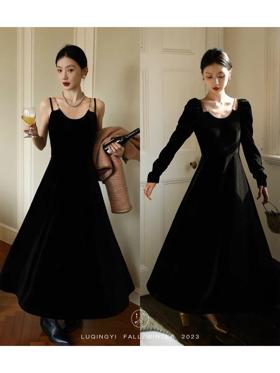 Lu Qingyi [Volume] French velvet dress women's summer black retro high-end drape suspender dress