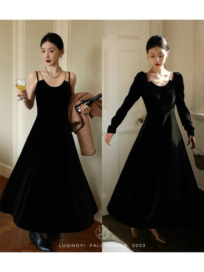 Lu Qingyi [Volume] French velvet dress women's summer black retro high-end drape suspender dress