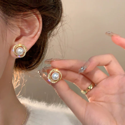 Rich daughter ~ niche design pearl earrings 925 sterling silver needle high-end diamond light luxury earrings trendy