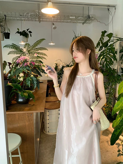 Wu77 Glazed Halter Neck Fairy Suspender Dress Women's Loose Sleeveless Off-the-shoulder Textured Long Dress Birthday Gift Dress Summer