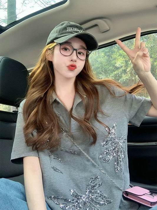 Gray polo shirt women 2025 new summer European goods heavy sequin design American lapel loose short-sleeved T-shirt
