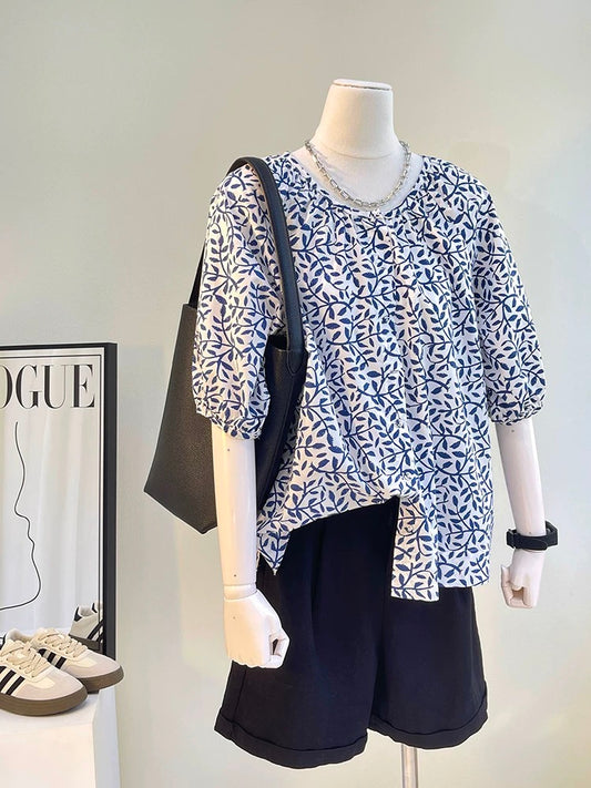 The last wave of new styles in summer~ French style small lantern sleeves half-sleeved cotton shirt with printed round neck and puffy three-quarter sleeves for women