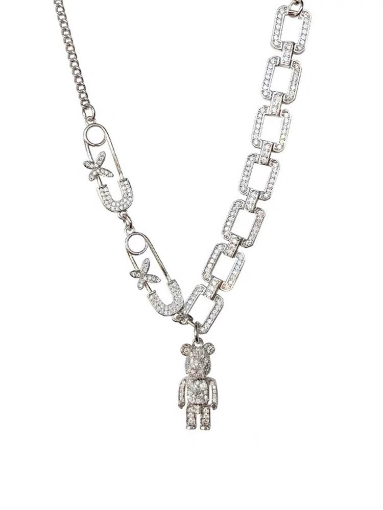 Super A~ rhinestone bear multi-element necklace Cuban exquisite necklace female niche design clavicle chain ins hip-hop style