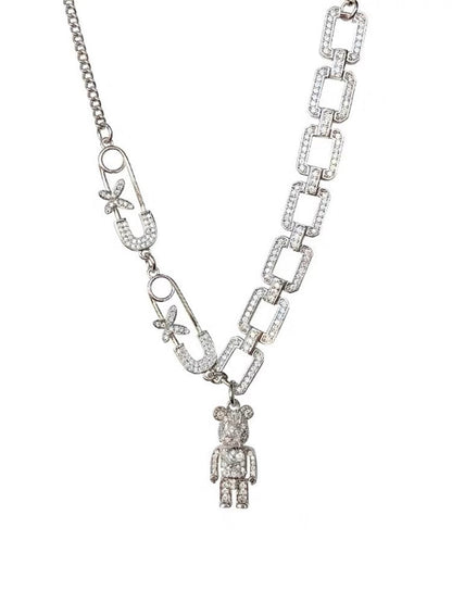 Super A~ rhinestone bear multi-element necklace Cuban exquisite necklace female niche design clavicle chain ins hip-hop style