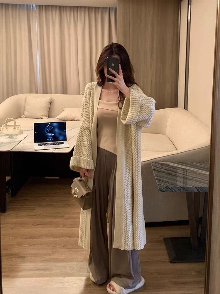 Lin Yan'er knitted cardigan windbreaker for women early autumn 2023 new loose lazy style mid-length sweater jacket (C183)