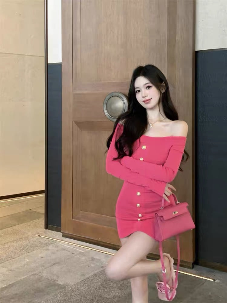 French long-sleeved knitted dress for women in autumn and winter slim-fitting bottoming arm skirt tight and sexy one-shoulder short skirt A2264