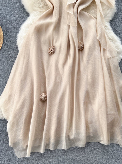 French sweet sleeveless suspender dress for women 2023 new slim temperament and high-end three-dimensional floral chiffon long skirt