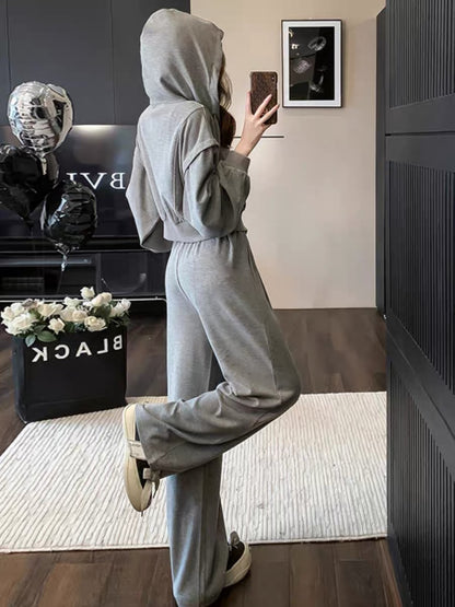 2023 Autumn and Winter New Fashionable and High-end Gray Cardigan Zippered Hooded Sweatshirt Strappy Waist Wide Leg Pants Suit (V6616)