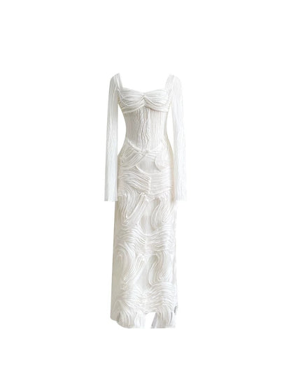 YanaRita Sky Garden of Eden French romantic white textured splicing design square collar knitted dress
