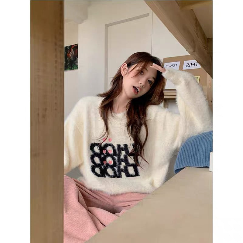 Korean gentle style soft waxy love letter imitation mink velvet sweater for women in winter loose and slim outer wear warm top