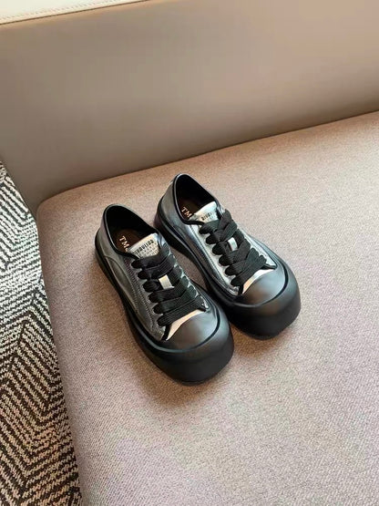 Casual shoes women's 2023 autumn new Korean style fashion lace-up leather color matching thick-soled low-cut sneakers women's shoes