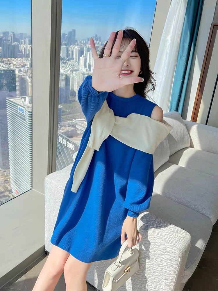 Winter 2023 new autumn high-end sweater dress autumn and winter Klein blue French knitted skirt women's winter T2347