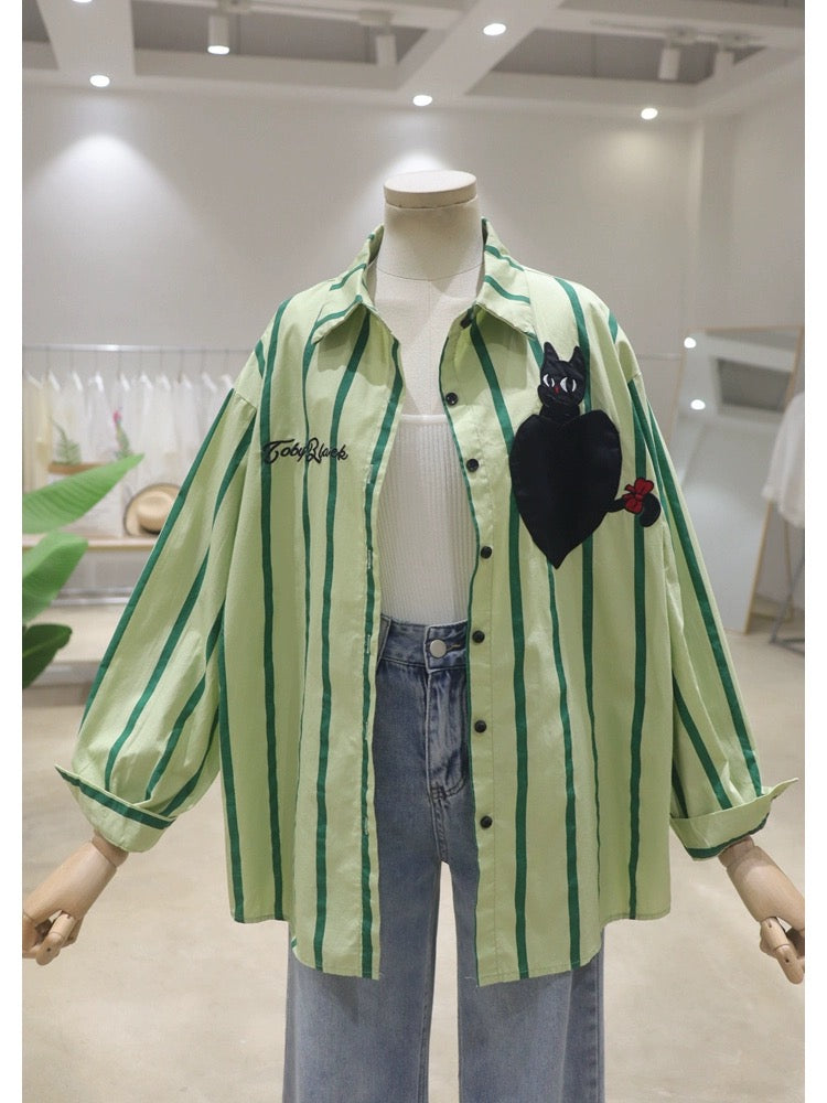 Korean style personalized love kitten embroidery 2024 spring and summer loose slim cotton striped long-sleeved casual shirt for women