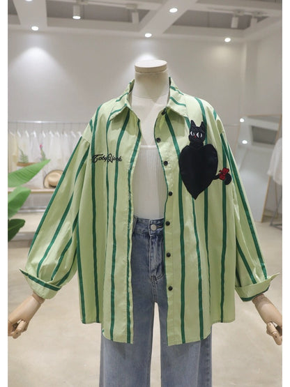 Korean style personalized love kitten embroidery 2024 spring and summer loose slim cotton striped long-sleeved casual shirt for women