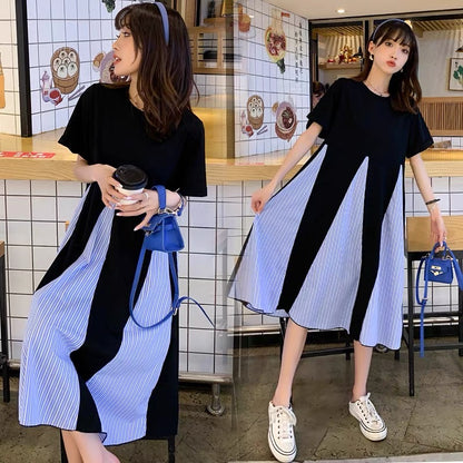 New summer wear, Korean style maternity wear, loose mid-length dress, stylish splicing skirt, 200 pounds puffy skirt D790