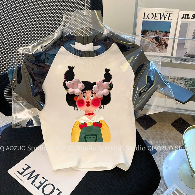 Fun girl's raglan short-sleeved T-shirt for women in summer, unique and chic design, niche and fashionable, age-reducing straight shoulder top