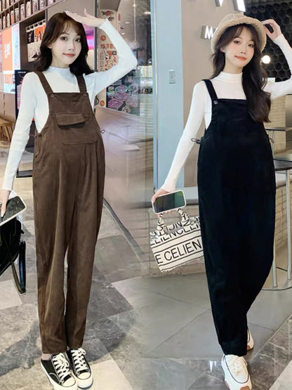 Maternity autumn clothing set, fashionable casual warm bottoming shirt, corduroy overalls, small person autumn and winter clothing two-piece set