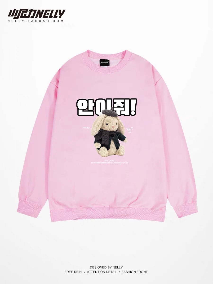 Rabbit sweatshirt men's spring and autumn American heavy pullover pink long-sleeved T-shirt trendy brand large size loose couple clothes