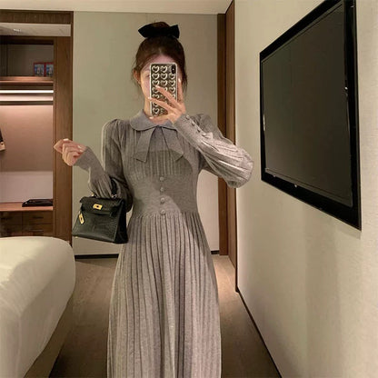 Winter French style gray knitted skirt bottoming dress with coat women's doll collar autumn and winter long skirt