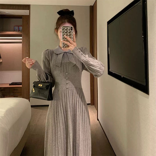 Winter French style gray knitted skirt bottoming dress with coat women's doll collar autumn and winter long skirt